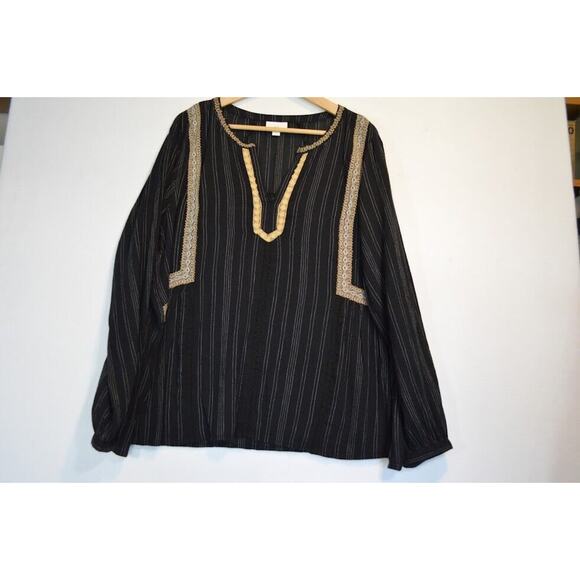 J Jill Embellished Crinkled Peasant Top Size XL Black Striped Boho V-Neck Flowy - Picture 6 of 14